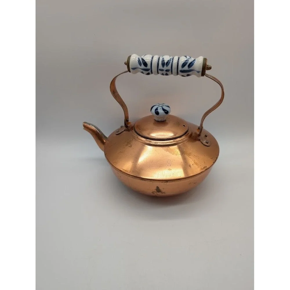 Vtg Douro B&M Copper Teapot Teakettle Cottage Country Farmhouse Ceramic Handle